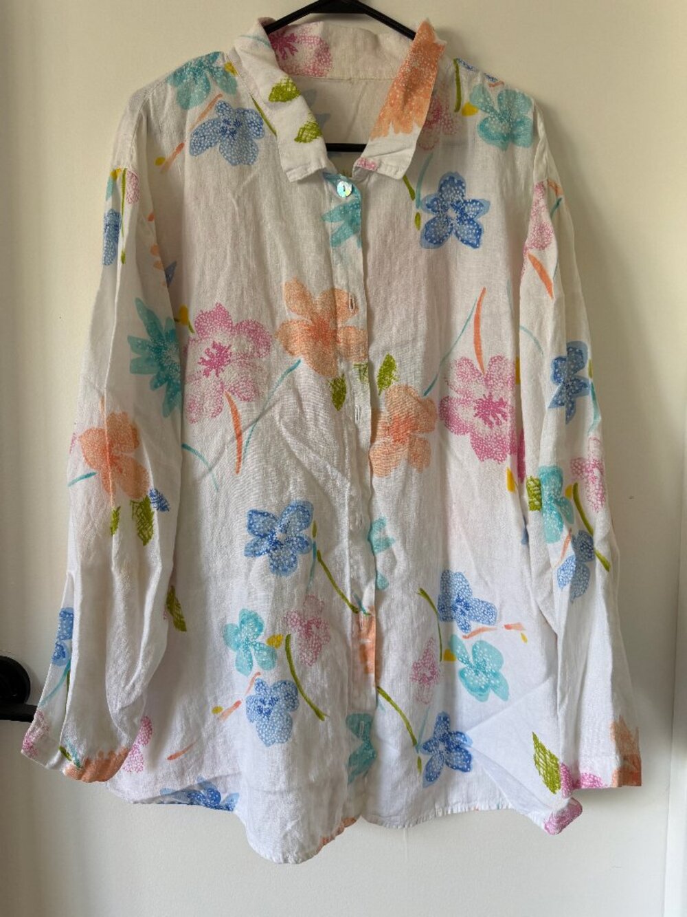 Women's White Floral Linen Blend Button Up Shirt Pastel Long Sleeve